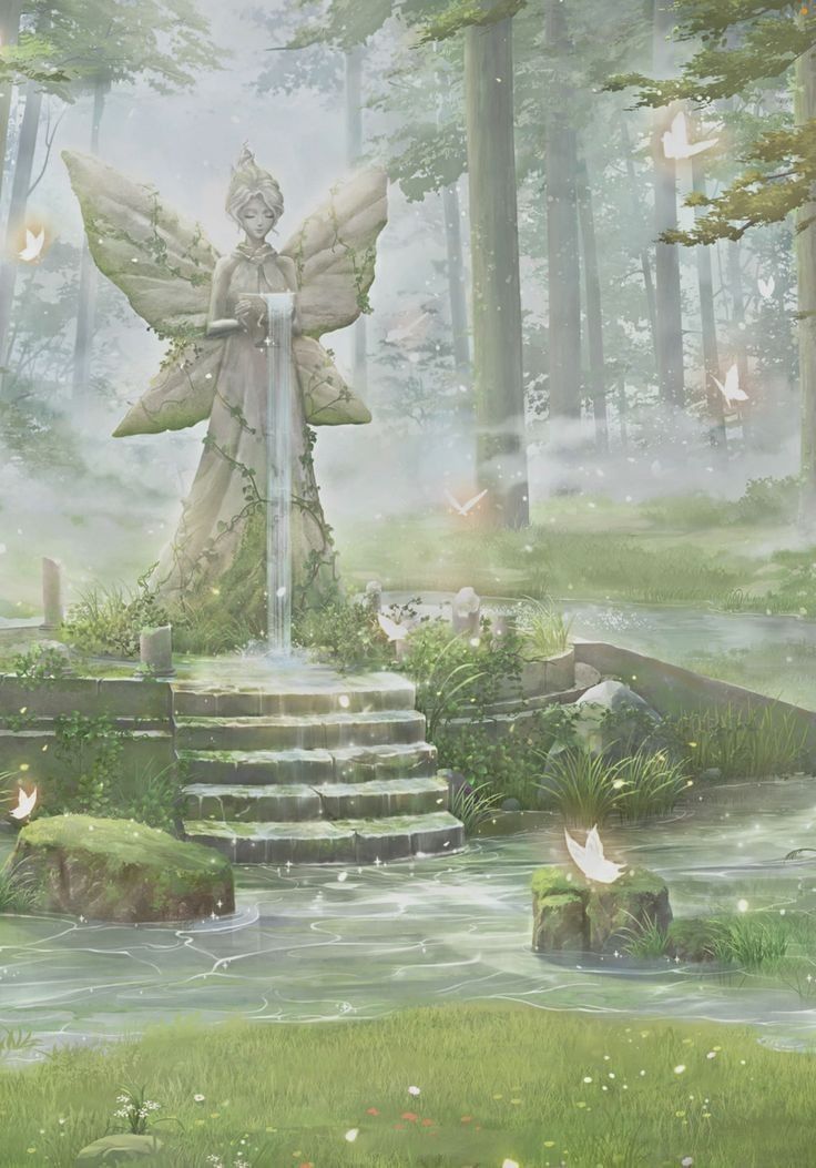 an angel statue in the middle of a forest with stairs and steps leading up to it