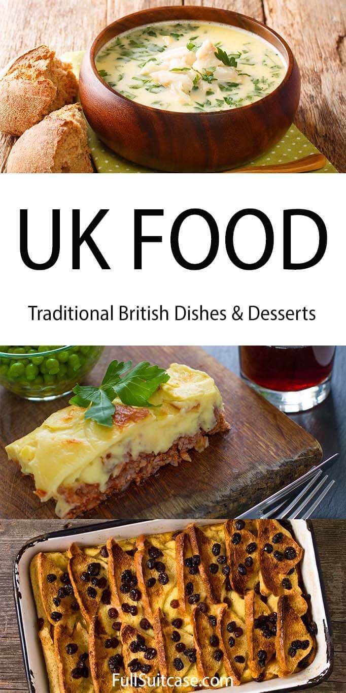 the british dishes and desserts are on display in this book, with text that reads uk food traditional british dishes & desserts