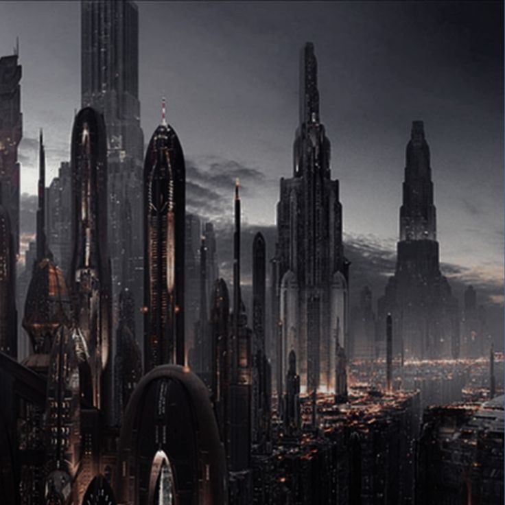 an image of a futuristic city with skyscrapers in the night sky and lights on