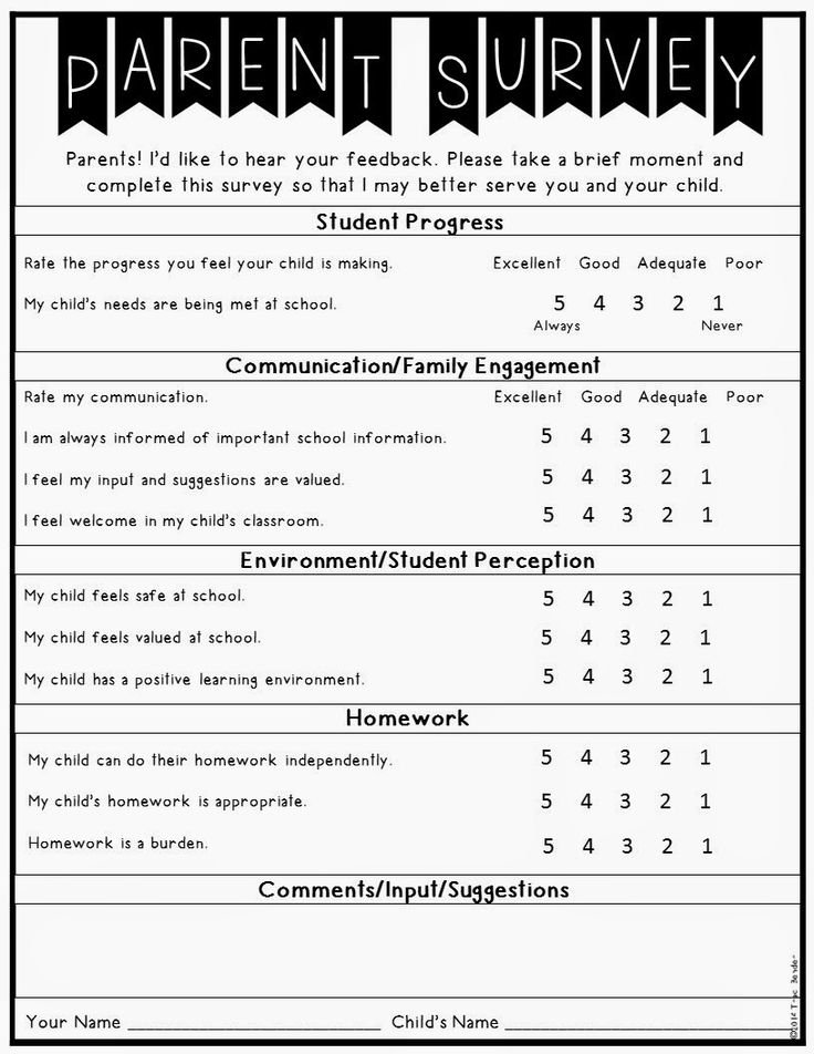 the parent survey sheet for parents and their children is shown in black and white, which includes