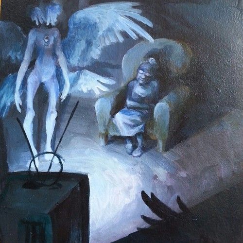 a painting of an angel sitting in a chair next to a tv with a child on it