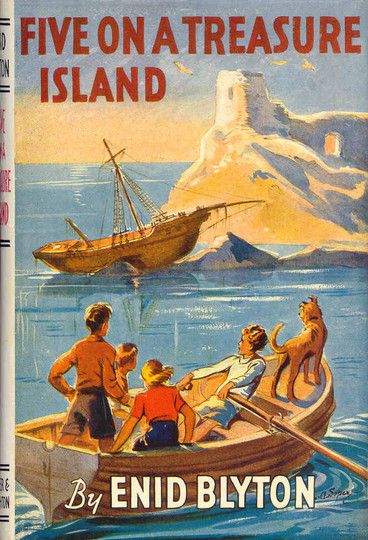 an old book cover with children in a rowboat on the water, and a boat floating