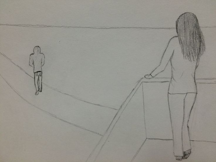 a pencil drawing of a woman looking at a man walking down the street from her