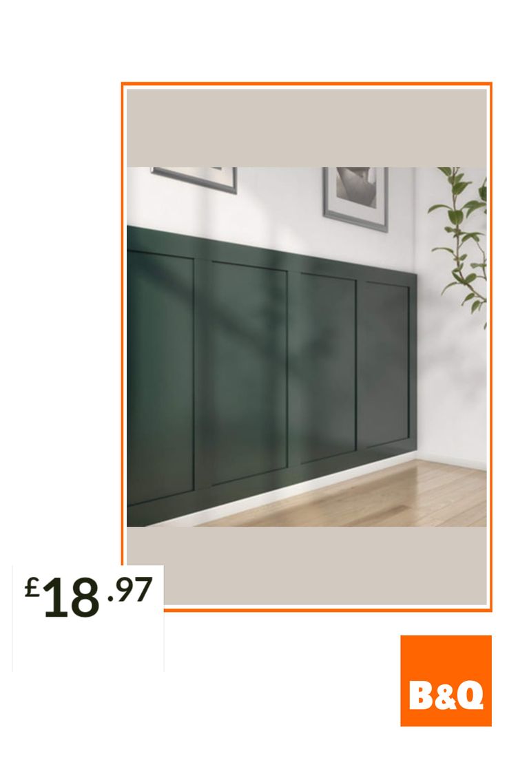 an orange and white advert for the b & q store with a green cabinet