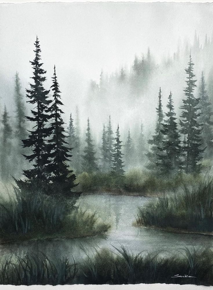 a painting of trees and water in the fog