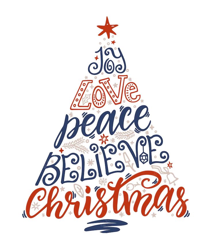 a christmas tree with the words love, peace, believe and christmas written on it