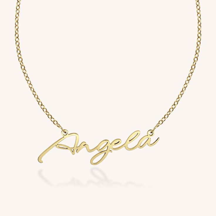 With purposeful design sensibilities that embody understated, minimal, and modern there’s no wrong way to wear or style the Angela. Classic White Gold Name Necklace, Modern Gold Personalized Name Necklace, Modern Personalized Gold Name Necklace, Elegant Gold Plated Necklaces With Polished Finish, Elegant Gold Plated Necklace With Polished Finish, Modern Gold Name Necklace, Minimalist Name Necklace For Formal Occasions, Modern Personalized Yellow Gold Name Necklace, Elegant Sterling Silver Nameplate Necklace