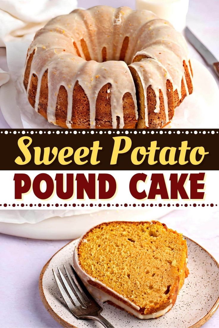 sweet potato pound cake on a plate with a fork next to the bundt cake