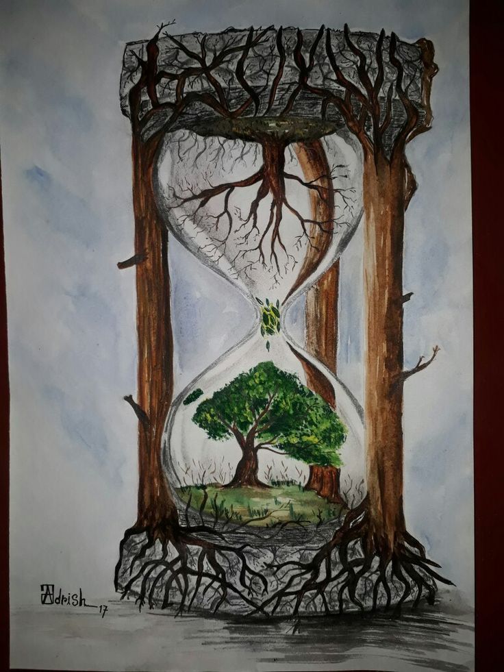 a drawing of an hourglass with a tree and two trees in the sand inside