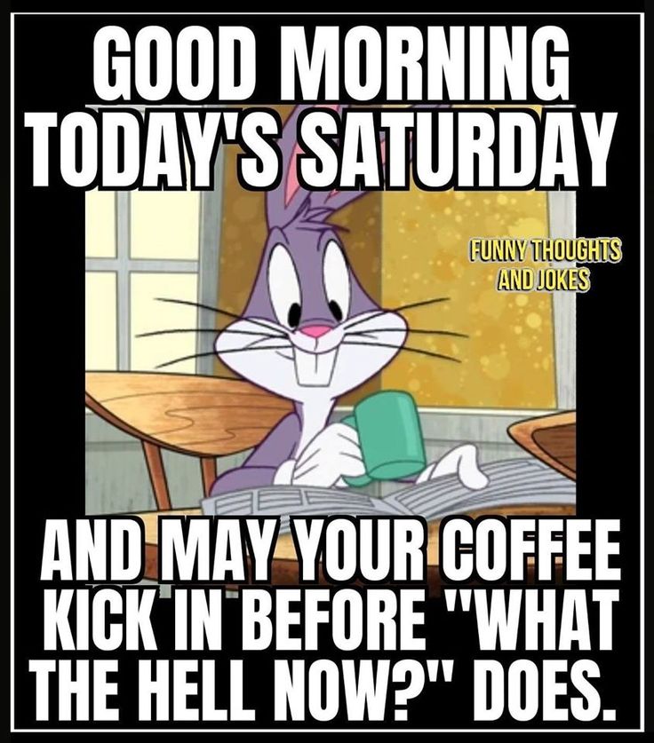 an image of a cartoon character saying good morning today's saturday and may your coffee kick in before what the hell now?