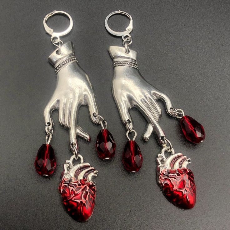 Bleeding Heart Earrings with Red Blood Drops - Mystical Rose Gems Cute Goth Gifts, Hands Earrings, Punk Witch, Gothic Cosplay, Aesthetic Emo, Earrings Punk, Gifts 2022, Goth Earrings, Gothic Earrings