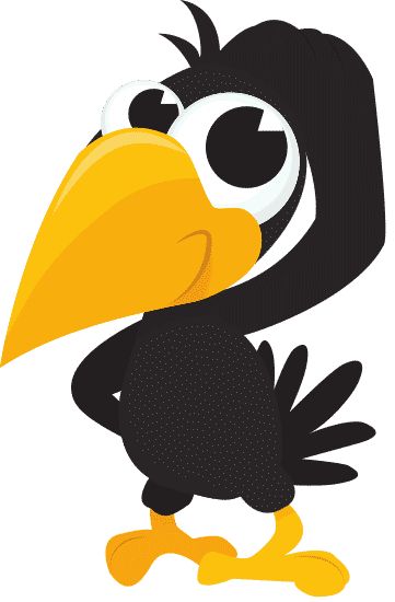 a cartoon toucan bird with big eyes and a large beak, standing on one leg