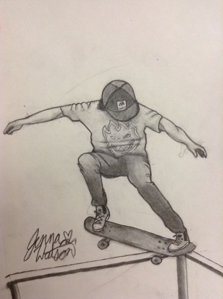 a pencil drawing of a skateboarder doing a trick on a rail with his arms outstretched