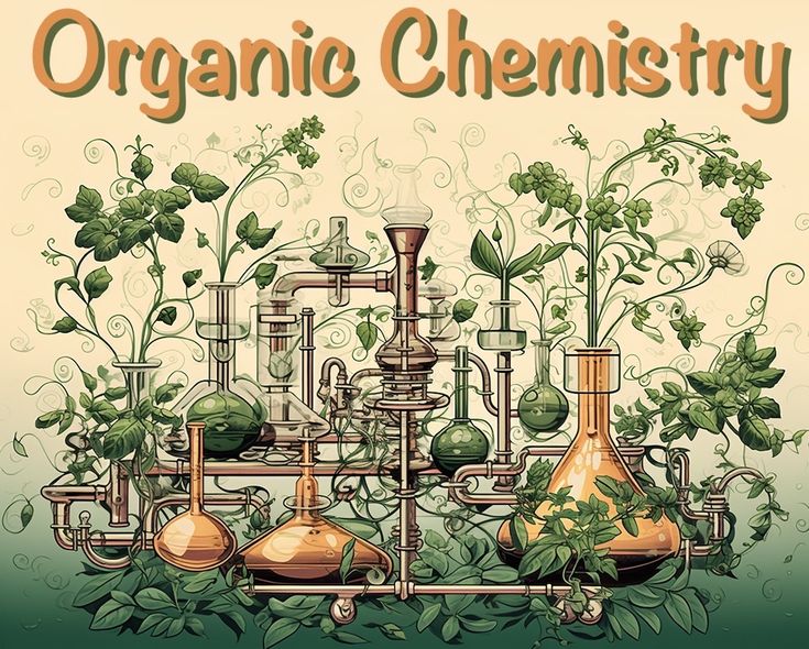 an old fashioned poster with plants and flasks in front of the words organic chemistry