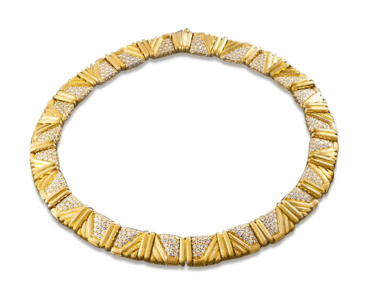 This bold and brilliant 18K yellow gold necklace by American jewelry designer Henry Dunay features a stunning geometric pattern underscored by approximately 11.50 carats of white diamonds. 16" length Gold And Diamond Necklace, Pave Jewelry, Geometric Motif, Jewelry For Sale, Jewellery Marketing, Yellow Gold Jewelry, Antique Diamond, Fine Jewelry Designers, Diamond Fashion