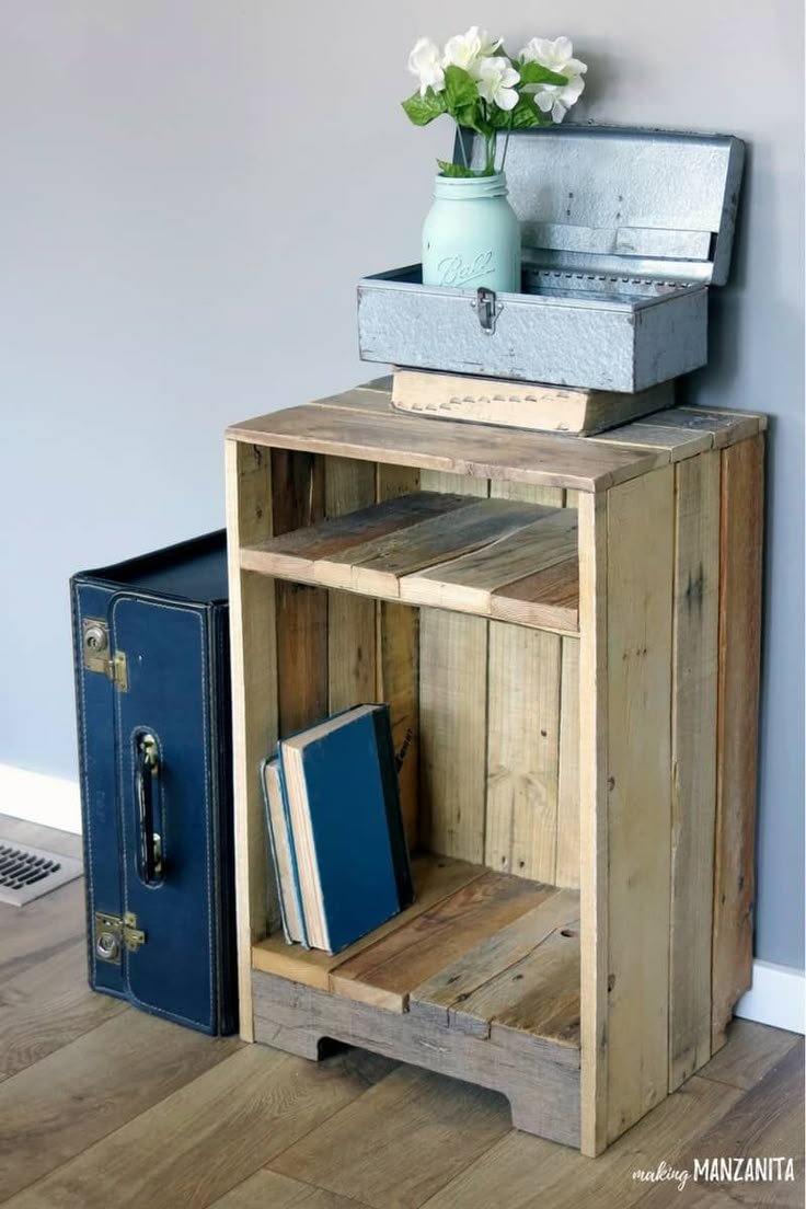 a wooden crate with books and a blue suitcase on top is sitting next to a wall