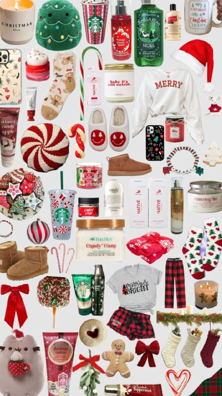 a collage of christmas items including gifts, candles and other holiday decorations on a white background