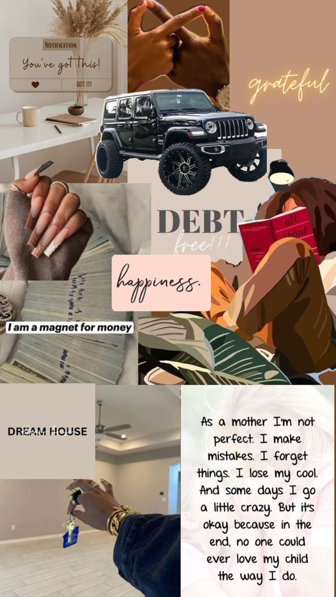 a collage of images with words and pictures on them that include money, people's hands, cars, and other things