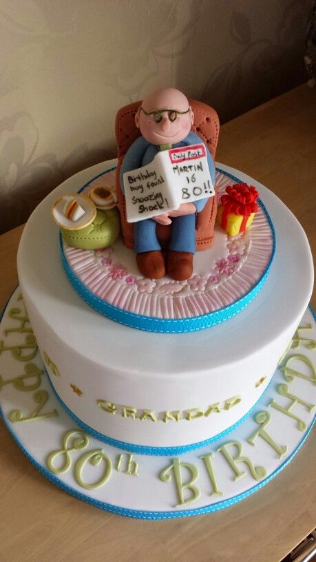 a birthday cake with a man holding a sign