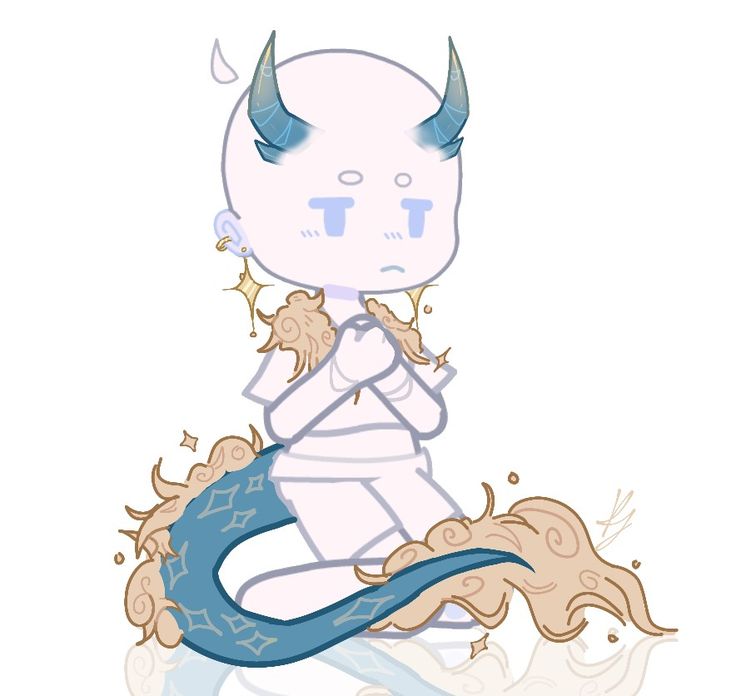 a drawing of a person sitting on top of a blue and white mermaid tail with horns