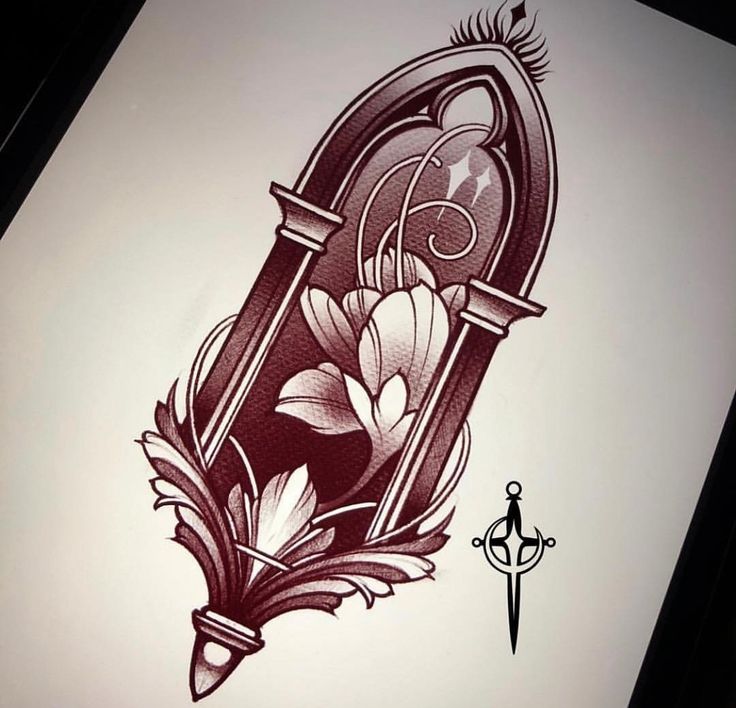 an artistic tattoo design with flowers and a dagger