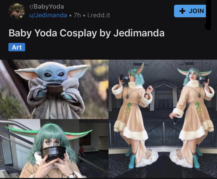 the baby yoda cosplay is taking a selfie