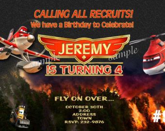 an advertisement for a birthday party featuring planes and fire fighters