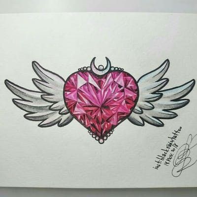 a heart with wings and a pink diamond in the shape of an angel's wing