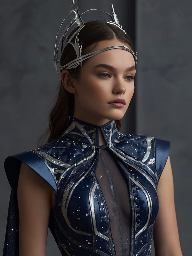 Space Futuristic Fashion, Space Haute Couture, Galactic Aesthetic Outfit, Space Witch Outfit, Futuristic Ballgown, Alien Fashion Futuristic, Galactic Outfit Ideas, Futuristic Royalty, Cosmic Outfit