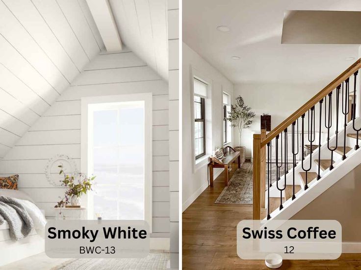 two pictures of the same room in different rooms, one with white walls and wood floors