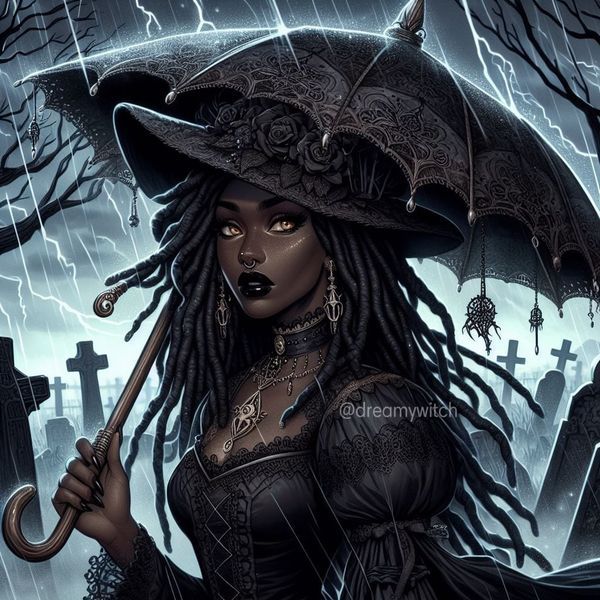 a woman with dreadlocks holding an umbrella in the rain while standing next to graves