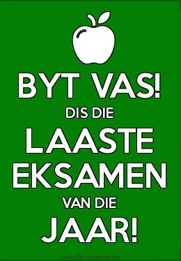 a green poster with an apple on it and the words byt vas dis die lasse elksamen van die jaar