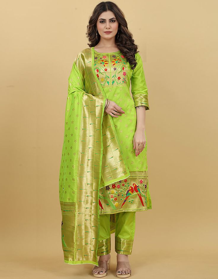 Embrace timeless grace with our Green Paithani Silk Pant Suit, a perfect blend of tradition and contemporary style. 🌿✨ Experience the enchanting beauty of Paithani silk in a captivating green hue. #ArabicAttire #PaithaniSilk #GreenElegance #FashionForward" Luxury Paithani Silk Sets For Transitional Season, Luxury Paithani Silk Dupatta For Festive Season, Luxury Paithani Silk Anarkali Set For Diwali, Luxury Eid Paithani Silk Choli, Luxury Unstitched Paithani Silk Sharara, Luxury Paithani Silk Dupatta In Pista Green, Luxury Pista Green Paithani Silk Traditional Wear, Luxury Semi-stitched Traditional Paithani Silk Wear, Luxury Paithani Silk Traditional Wear For Ceremonial Occasions