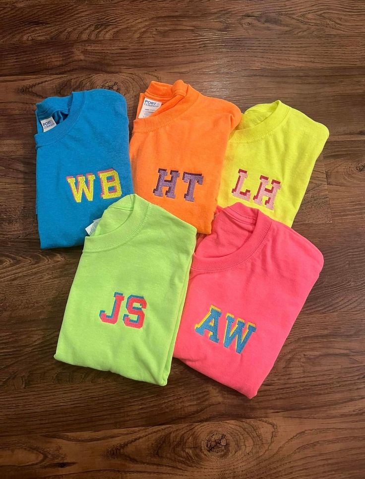 Neon shirts ready for summer and tan lines  Neon pink Neon green  Neon yellow  Neon blue  Neon orange Neon Shirt Ideas, Neon Clothes Party, Puffy Paint Shirts, Neon Tshirt, Monogram Tshirt, Neon T Shirt, Story Pics, Neon Summer, Shirt Painting