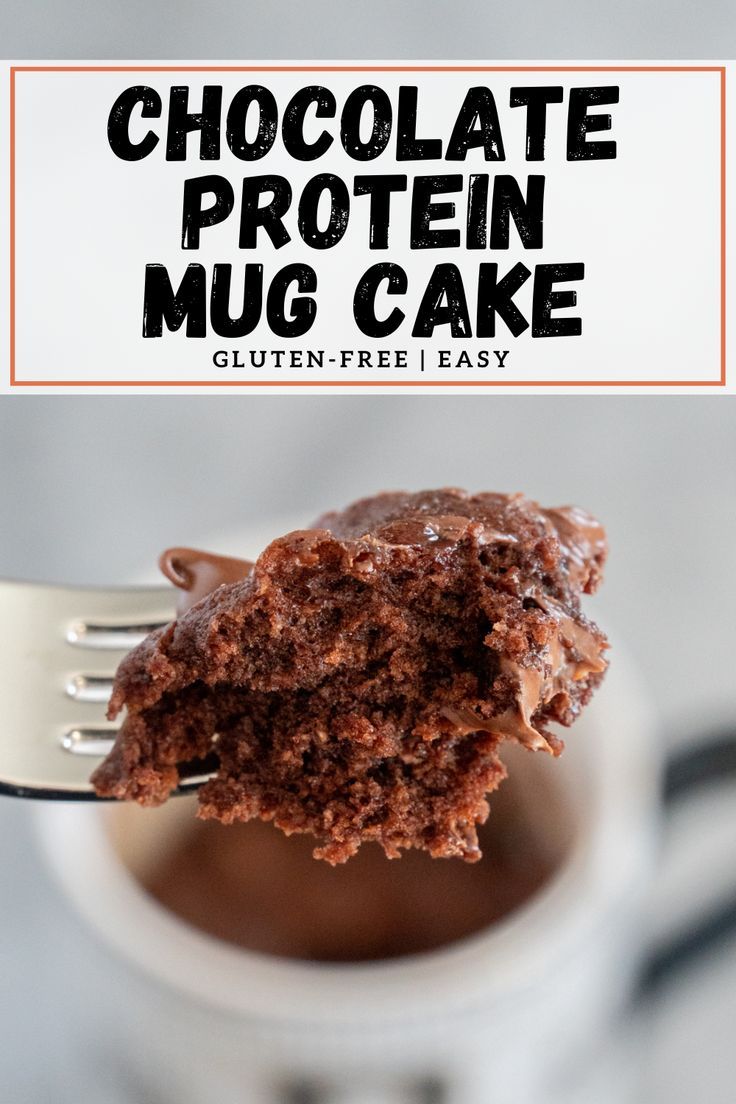 This pin shows a close up picture of the chocolate mug cake displayed on a fork with the decorative cup behind it. Protein Mug Cake Microwave, Mug Cake Protein Powder, Mug Cake Microwave Recipe, Protien Mug Cake, Clean Eating Deserts, Chocolate Protein Mug Cake, Low Calorie Sweets, Cake Microwave, Protein Mug Cake