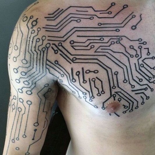 a man's chest with an electronic circuit printed on it