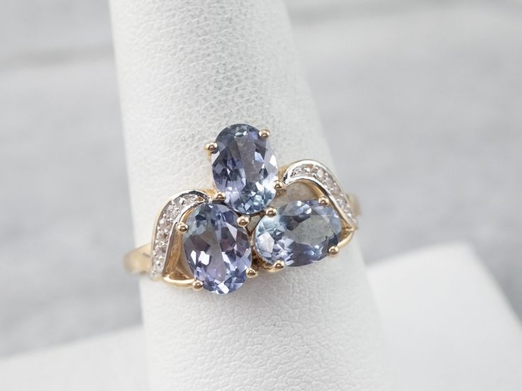 This tanzanite band is feminine and elegant! The purplish-blue of the stones pairs perfectly with the gold band, while the white sapphires add a pop of light that enhances the sparkle of the tanzanites. This ring would stack well with other bands! Metal: 10K Yellow and White Gold Gem: 3 Tanzanites totaling 1.95 Carats Gem Measurements: 5 x 7 mm, Oval Accents: 8 White Sapphires totaling .07 Carats Ring Size: 8.25 Marks: "CR 375" Stamped on the inside band Fine Jewelry Tanzanite Three Stone Sapphire Ring, Tanzanite Rings With Diamond Accents, Anniversary Tanzanite Sapphire Ring With Gemstone Accents, Tanzanite Rings With Gemstone Accents For Anniversary, Sapphire Gold Ring, White Sapphire, Ring Ring, Gold Band, Eternity Bands