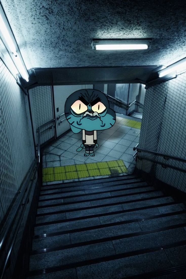 a cartoon character is walking down the stairs in a dark hallway with tile flooring