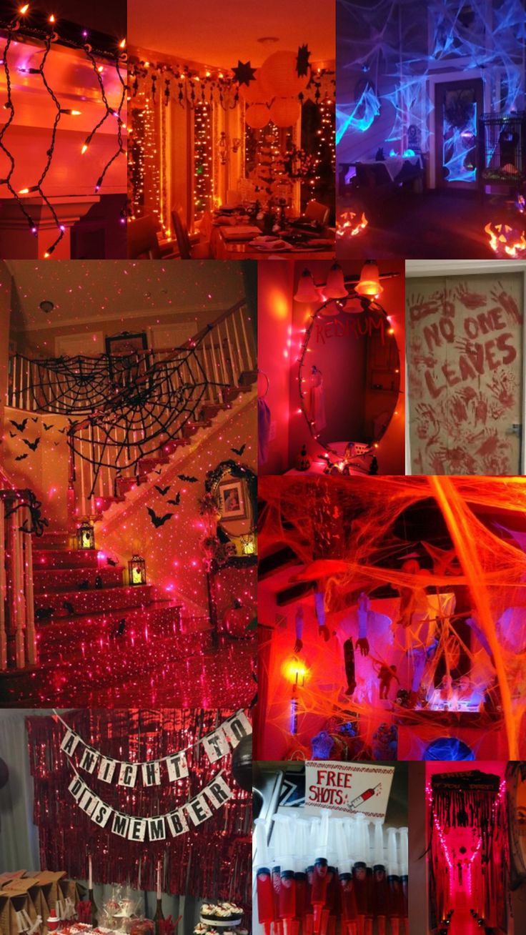 a collage of photos with red and purple lights in the background, including decorations