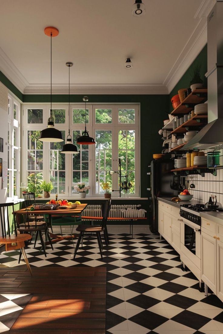 a black and white checkered floor in a kitchen with lots of light coming through the windows