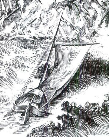 an ink drawing of a sailboat in rough seas with mountains in the background and water splashing around it