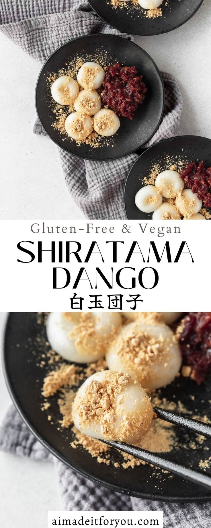 three plates with food on them and the words gluten - free vegan shiratma dango