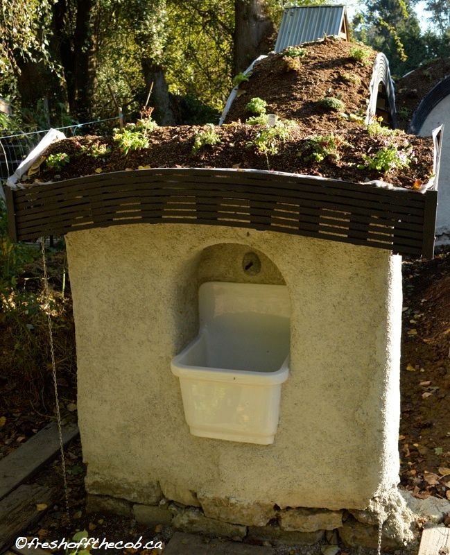 an outdoor toilet with moss growing on the roof