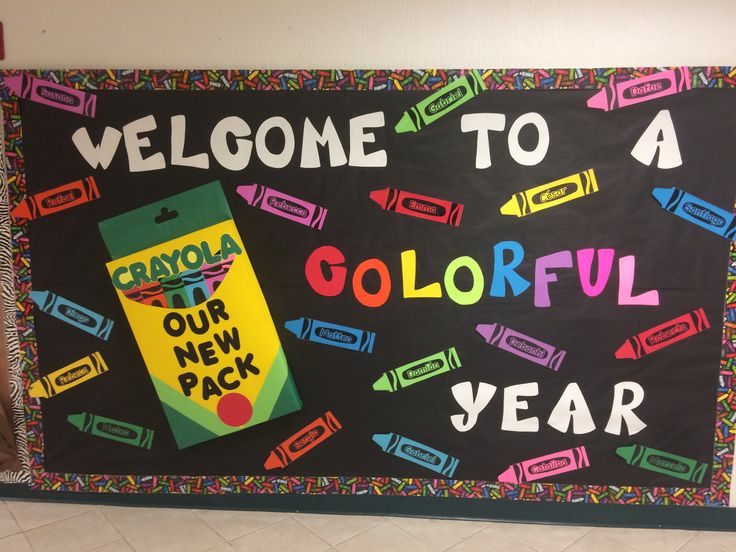 a welcome to a colorful new year bulletin board with crayons and pencils