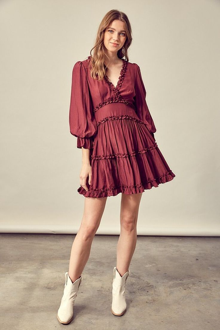 Merlot Wine Ruffle Mini Dress Cheap Fall Midi Dress With Ruffles, Cheap Flowy Mini Dress For Fall, Boho Dress Burgundy, Cheap Playful Fall Dresses, Fall Western Dresses Party, Cute Flowy Dresses Fall, Affordable Burgundy Mini Dress For Summer, Petite Maroon Winter Dress, Fall Photo Dresses Women