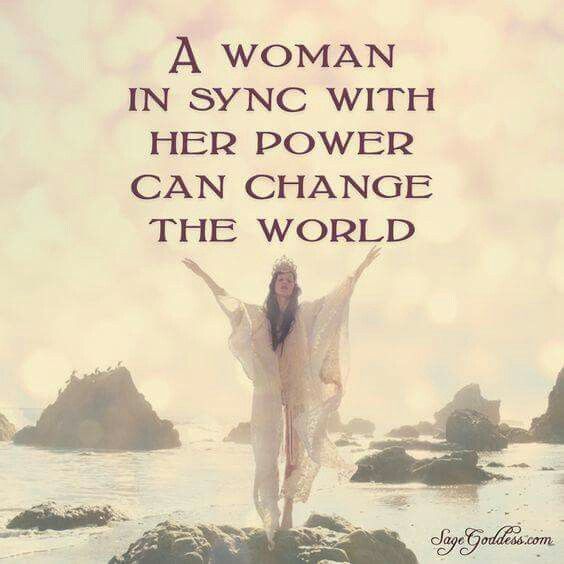 a woman in white dress standing on rocks with her arms spread out and the words, a woman in sync with her power can change the world