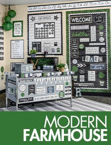 a classroom decorated in green and white with the text ready for back to school modern farmhousee classroom theme available now