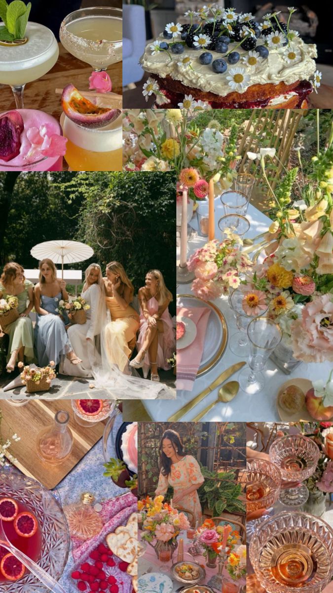 a collage of photos with people sitting at a table and flowers in vases