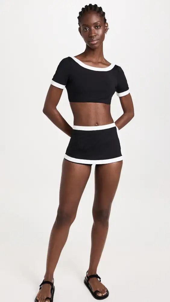 STAUD Nell Swim Skirt | Shopbop Sporty Black Swimwear With Contrast Trim, Black Sporty Swimwear With Contrast Trim, Sporty Fitted Swimwear With Contrast Trim, Summer Stretch Bottoms With Contrast Color, Black Swimwear With Contrast Trim For Summer, Summer Beachwear Swimwear With Contrast Trim, Fitted Beachwear Swimwear With Contrast Trim, Sporty Summer Activewear With Contrast Trim, Sporty Shorts With Contrast Color