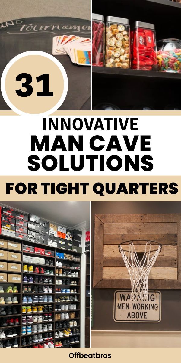 some shelves filled with various items and text that says innovative man cave solution for tight quarters